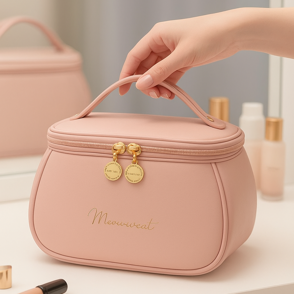 Portable Travel Makeup Bag Large Capacity Leather Cosmetic Organizer with Handle & Divider, Stylish Toiletry Brush Case for Women & Girls