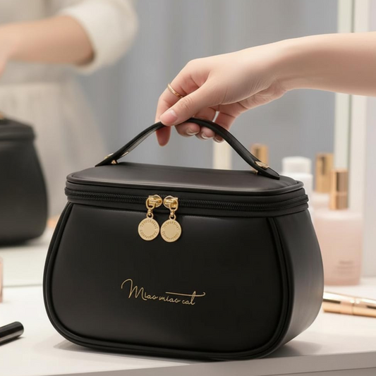 Portable Travel Makeup Bag Large Capacity Leather Cosmetic Organizer with Handle & Divider, Stylish Toiletry Brush Case for Women & Girls