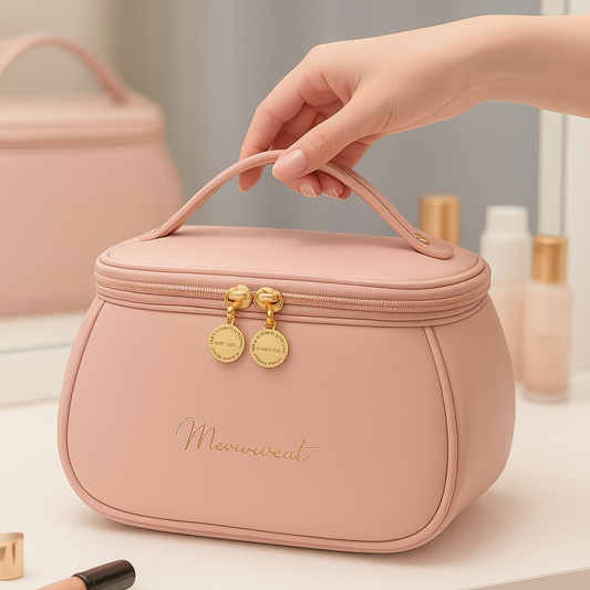 Portable Travel Makeup Bag Large Capacity Leather Cosmetic Organizer with Handle & Divider, Stylish Toiletry Brush Case for Women & Girls